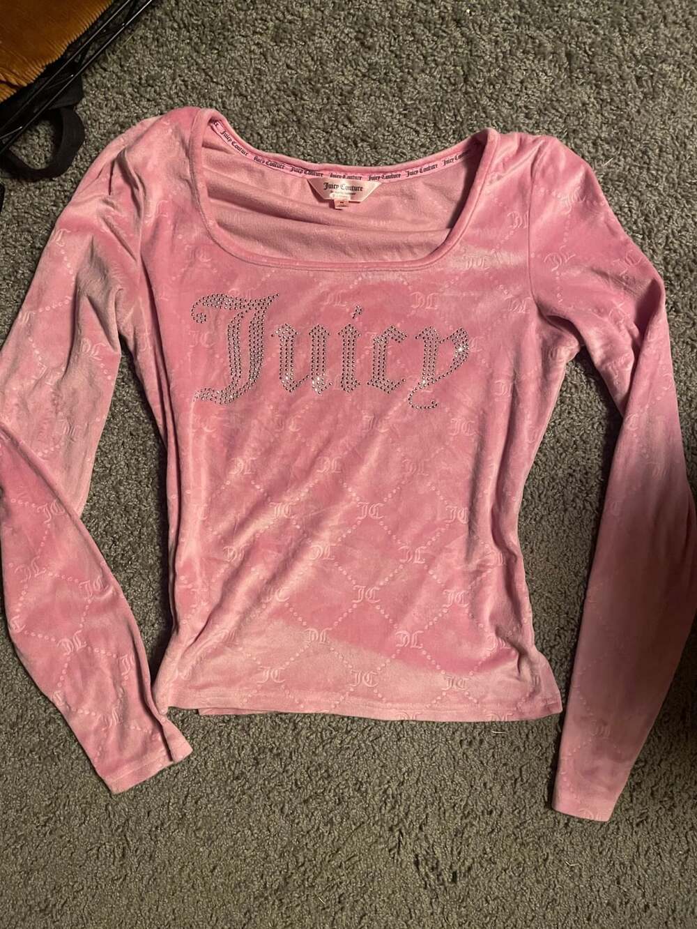 Juicy Couture Pink Velour Long Sleeve Rhinestone Logo Top